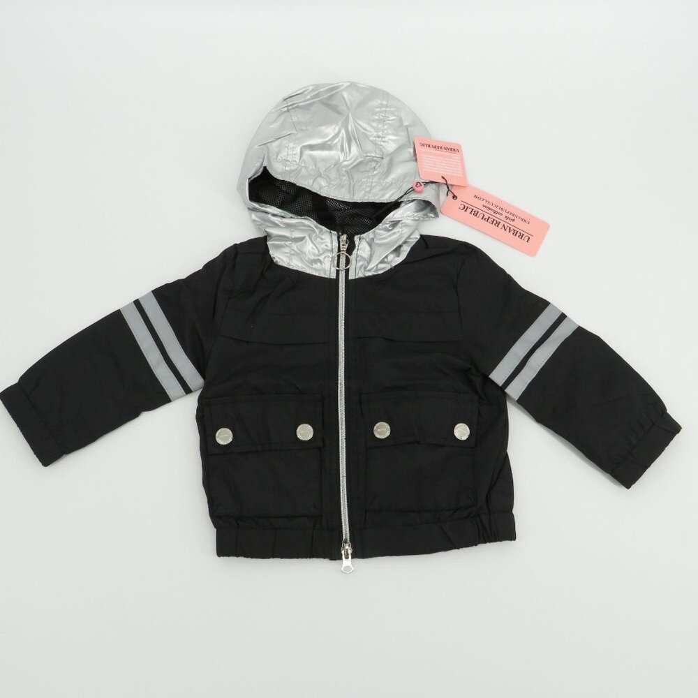 Urban Republic Baby Girls Black Silver Hooded Jacket With Reflective Stripes $68